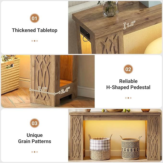 Cyclysio 47" Console Table with Outlet, Farmhouse Entryway Table with Colorful LED Lights, Wooden Sofa Table with Unique Carved Design, Foyer Accent Table for Entrance, Hallway, Living Room Natural