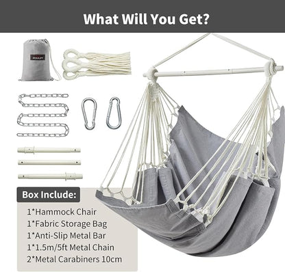 CHULIM Hanging Hammock Chair Swing MAX 500 lbs Outdoor Hanging Chair with Footrest Indoor Swing Chair with Portable Steel Spreader Bar and Hardware Kit for Bedroom Living Room Patio Porch - Grey