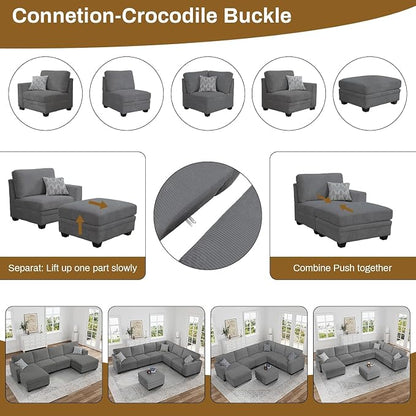 Legend Vansen Oversized Modular Sectional Sofa,16 Seat U Shaped Couch with Ottoman,Corduroy Sofa with Deep Seat,Convertible Large Sectional Couches for Living Room(Grey, U-16)