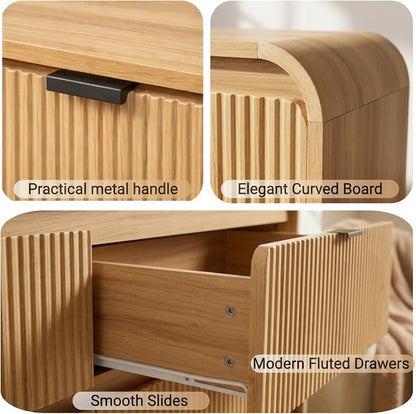 FURSUN Fluted 5 Drawers Dresser for Bedroom, 48" Tall Wooden Modern Dresser with Metal Handle, Curved Profile Design, Storage Organizer for Bedroom, Living Room, Hallway, Natural Oak