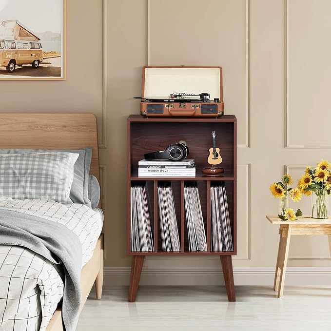 Lerliuo Record Player Stand, Walnut Turntable Stand Holds up to 160 Albums, Mid-Century Vinyl Storage Cabinet Table with Solid Wood Legs, Record Player Holder Dispaly Shelf for Bedroom Living Room
