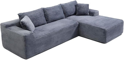 105-Inch L-Shaped Right Facing Corner Compressed Sofa Modular Sectional Boneless Cloud Sofa Floor Foam Couch with Chaise Lounge, Corduroy Corner Boneless Cloud Couch