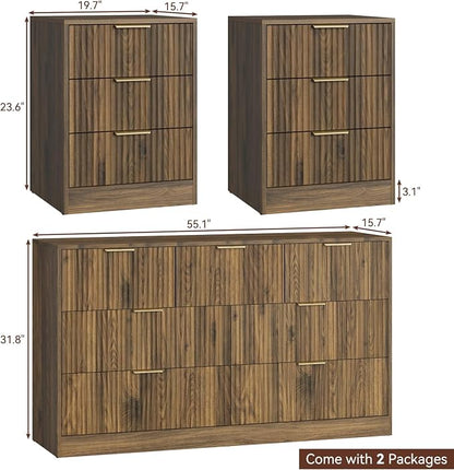 7 Drawer Dresser & Nightstand Set, 3-Piece Fluted Bedroom Dresser and Night Stand Set of 2 with Metal Handle, Modern Wood Chest of Drawers Storage Dressers Set for Bedroom, Walnut