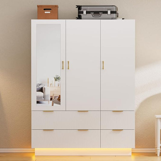 PAKASEPT Armoire Wardrobe Closet with 3 Door, Mirror, LED Lights | Hanging Rod, Drawers, Bedroom Armoires - Large Capacity Storage Wardrobe Armoire for Bedroom