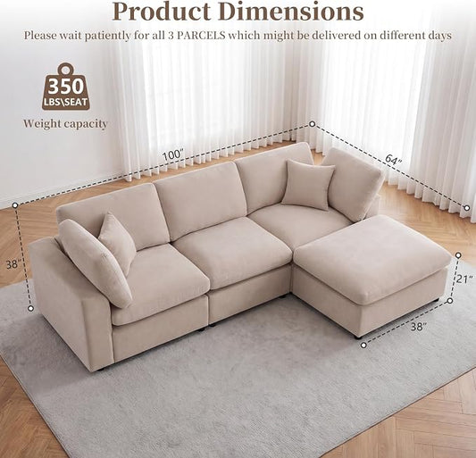 Modular Cloud Sectional Couches for Living Room, Large Modular Sectional Sofa with Ottoman, L Shaped 3 Seater Couch with Pillow, Beige - Chenille