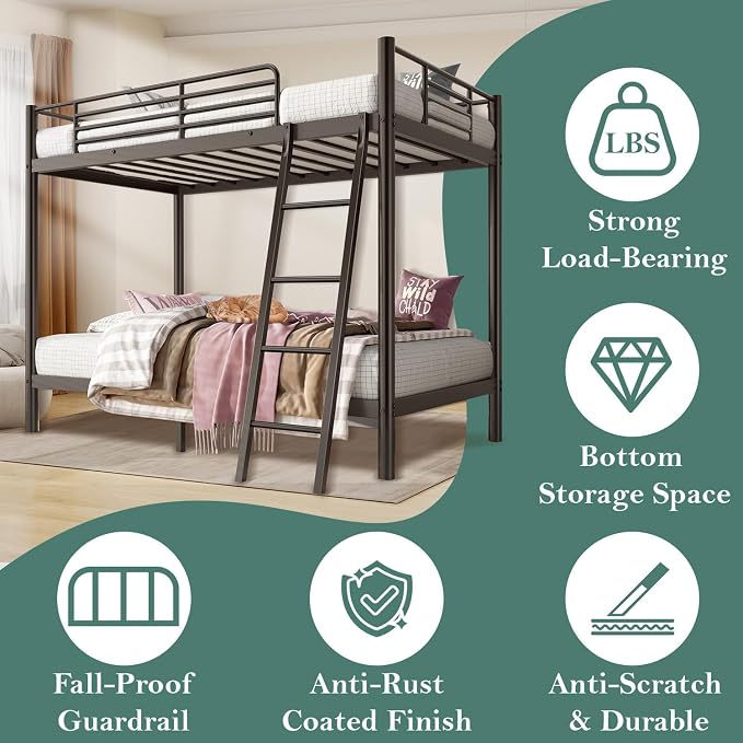 Bunk Bed Twin Over Twin with Safety Guardrail & Ladder,Space Saving Twin Bed Frames for Kids Teens and Adults,Heavy Duty Metal Bunk Bed for School Bedroom,No Box Spring Needed（Black）