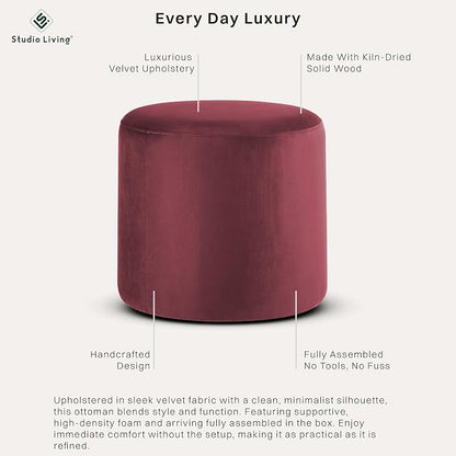 Studio Living® 19” Wentworth Ottoman Round Soft Velvet Bench, Stationary Ottomans, Backless Chair, Footrest for Living Room, Footstool Office, Bedroom, Padded Seat, Plum