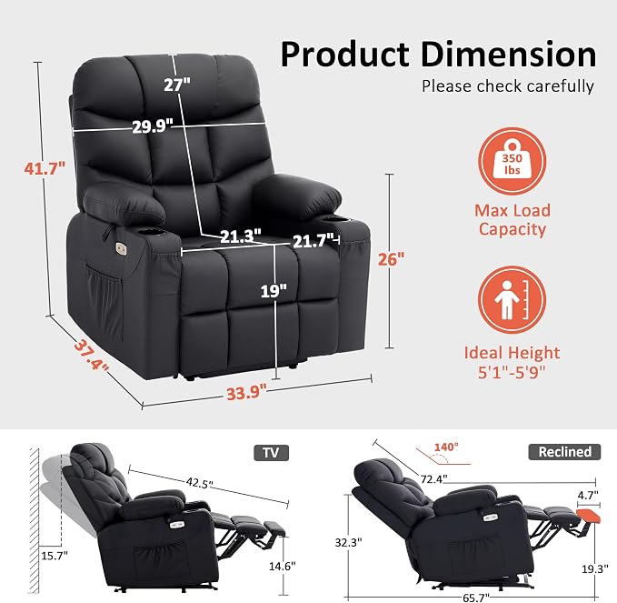 MCombo Power Lift Recliner Chair for Elderly, Electric Lift Chair with Extended Footrest, USB Ports, Cup Holders, Faux Leather 7287 (Black, Medium)