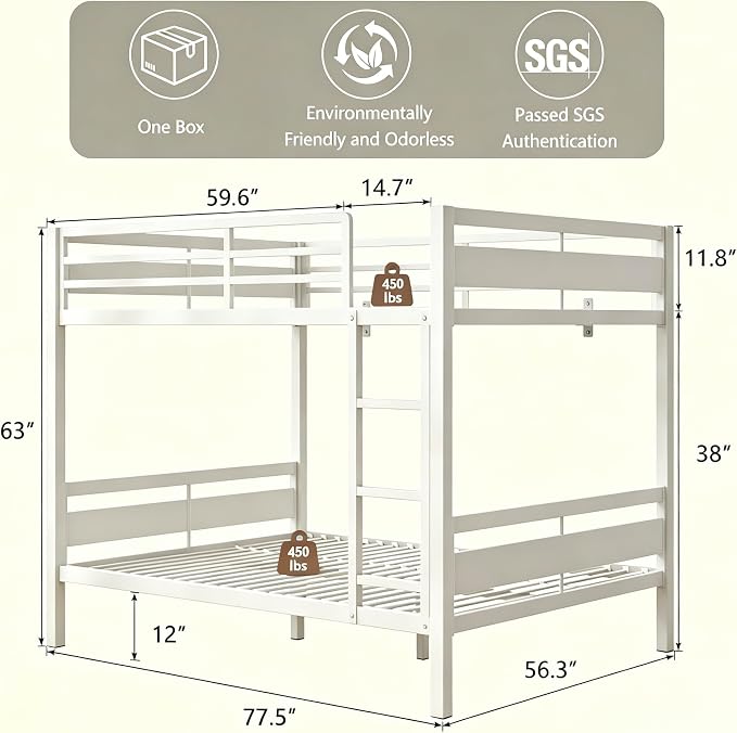 Bunk Bed Full Over Full, Heavy Duty Metal Bunkbeds with Full-Length Guardrail, Space-Saving Steel Bed for Kids & Adults, No Box Spring Required, White