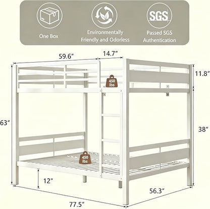 Bunk Bed Full Over Full, Heavy Duty Metal Bunkbeds with Full-Length Guardrail, Space-Saving Steel Bed for Kids & Adults, No Box Spring Required, White