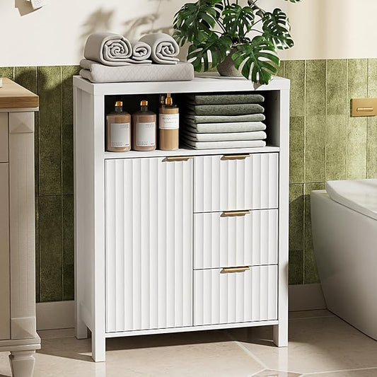 VINGLI Bathroom Floor Storage Cabinet with 3 Drawers, Modern 32" Freestanding Short Storage Organizer with Fluted Door & Adjustable Shelf, 12 Inch Deep White Wooden Console for Small Space