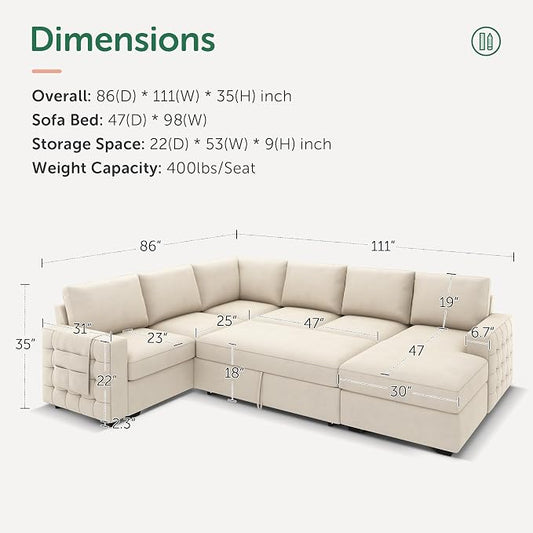 HONBAY Sectional Sleeper Sofa with Pull-Out Bed Storage Chaise, 6 Seaters Couch for Living Room, Beige