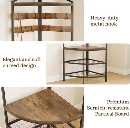 GiftGo Corner Hall Tree with Shoe Bench Entryway Coat Rack with 10 Metal Movable Hooks Floor Standing Clothes Rack Shoes Shelf Organizer for Home Office Bedroom (Rustic Brown)