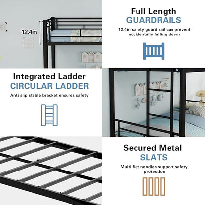Metal Bunk Bed with Trundle, Space-Saving Bunk Bed Twin Over Twin with Ladders and Safety Guardrail, Heavy Duty Twin Bed Frames, No Box Spring Needed and Noise Free(Black)