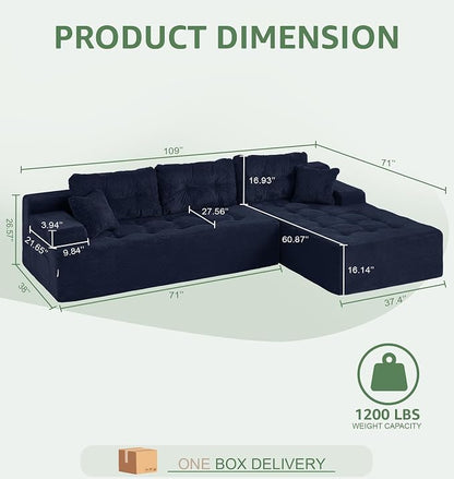 Hobestluk Modular Sectional Sofa Couches L-Shape Couch 3 Seat Modular Sofa Memory Foam Sectional Couches for Living Room, Cloud Couch (Dark Blue Corduroy, 108", Right Hand Facing)