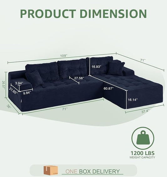 Hobestluk Modular Sectional Sofa Couches L-Shape Couch 3 Seat Modular Sofa Memory Foam Sectional Couches for Living Room, Cloud Couch (Dark Blue Corduroy, 108", Right Hand Facing)
