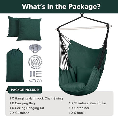 SUNCREAT Hammock Chair Hanging Rope Swing Seat-Max 450lbs Capacity, Extra Large Hanging Swing with Metal Support Bar, Side Pocket, Green