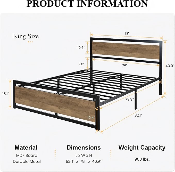 SHA CERLIN Heavy Duty King Size Bed Frame with Modern Headboard, Brown | Platform Metal Base with Square Footboard and 13 Strong Slats Support, No Box Spring Needed
