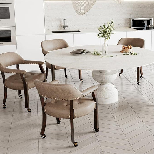 LEEMTORIG Set of 4 Dining Chairs with Casters and Arms, Rolling Dining Chairs with Wheels for Elderly, Ergonomic Wide Seat Wood Office Chair, 26" Dx25.2 W, Espresso Legs&Yellow Brown Fabric SY-318-LT