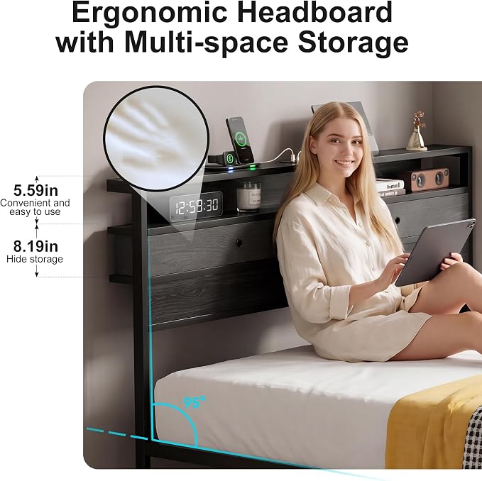 Full Bed Frame with LED Lights and Charging Station, Platform Bed with Metal Slats, Wood Headboard with 2 Fabric Drawers and Storage Shelves, No Box Spring Needed