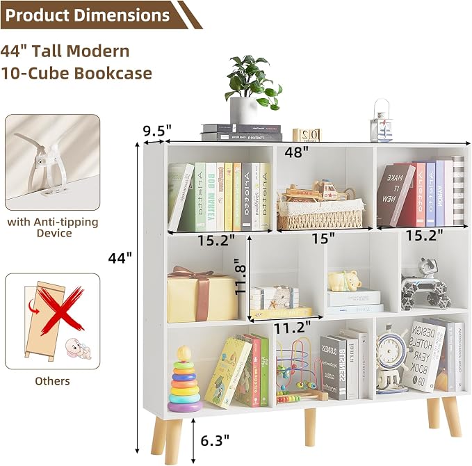 LEYAOYAO 10 Cube Bookshelf,3 Tier Modern Wide Bookcase with Legs,Mid-Century Wood Bookshelves Storage,White Large Book Case,Freestanding Organizer Display Shelf for Bedroom,Living Room,Office