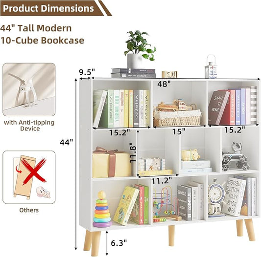 LEYAOYAO 10 Cube Bookshelf,3 Tier Modern Wide Bookcase with Legs,Mid-Century Wood Bookshelves Storage,White Large Book Case,Freestanding Organizer Display Shelf for Bedroom,Living Room,Office