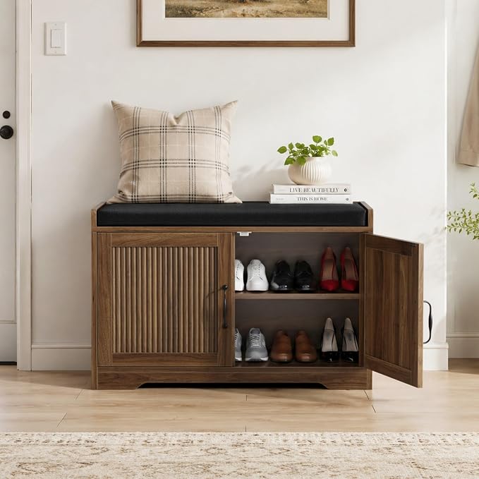 Entryway Shoe Storage Bench with Upholstered Seat, Double Door Cabinet, Adjustable Shelving, Slatted Front, Engineered Wood Organizer for Hallway, Foyer, Mudroom, Bedroom, Walk-In Closet (Walnut)