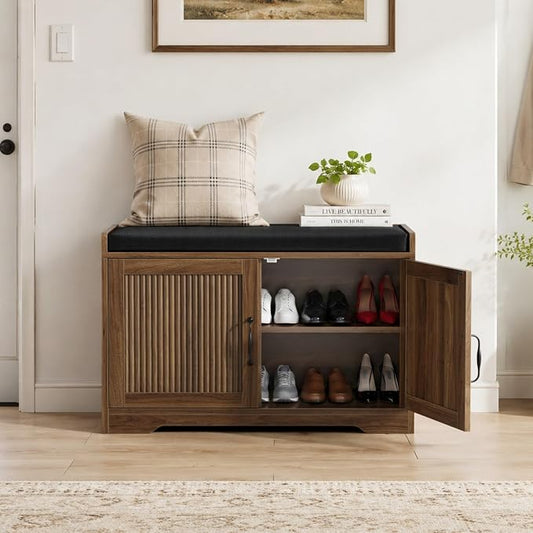 Entryway Shoe Storage Bench with Upholstered Seat, Double Door Cabinet, Adjustable Shelving, Slatted Front, Engineered Wood Organizer for Hallway, Foyer, Mudroom, Bedroom, Walk-In Closet (Walnut)