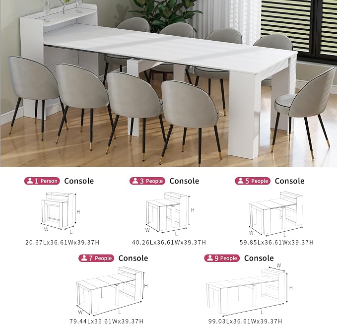 Transformer Dining Table, Extendable Console to Dining Table for 9, Folding Space Saving Dining Room Table Multipurpose Use, White