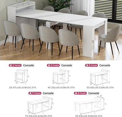 Transformer Dining Table, Extendable Console to Dining Table for 9, Folding Space Saving Dining Room Table Multipurpose Use, White