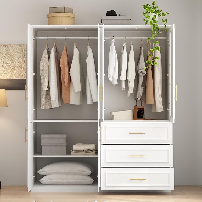 WOODTIME Wardrobe Closet with 2 Hanging Rods, 6 Framed Doors & 3 Drawers, Modern Wooden Armoire with Glass Doors & 4 Shelves, Clothes Storage Cabinet Organizer for Bedroom Apartment, White