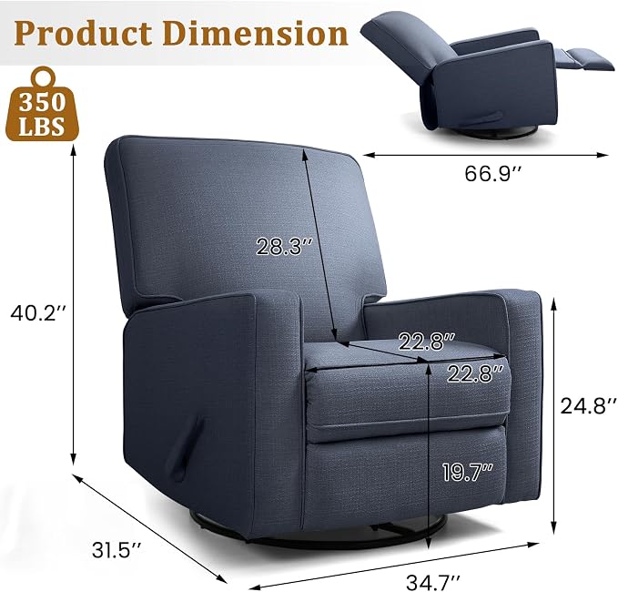 Manual Rocker Recliner Chair for Adults, High Back Glider with Deep Seat, Upholstered Fabric Armchair for Living Room & Nursery (Blue Linen)