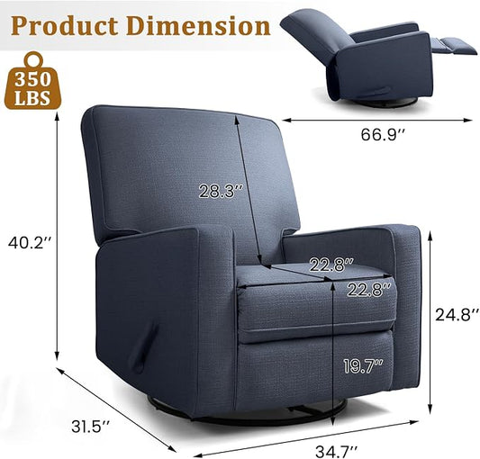 Manual Rocker Recliner Chair for Adults, High Back Glider with Deep Seat, Upholstered Fabric Armchair for Living Room & Nursery (Blue Linen)