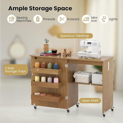 Giantex Folding Sewing Table with Charging Station, Rolling Craft Table with Storage Trays & Shelf, Foldable Sewing Machine Cabinet Desk with Lockable Wheels for Small Spaces (Natural)