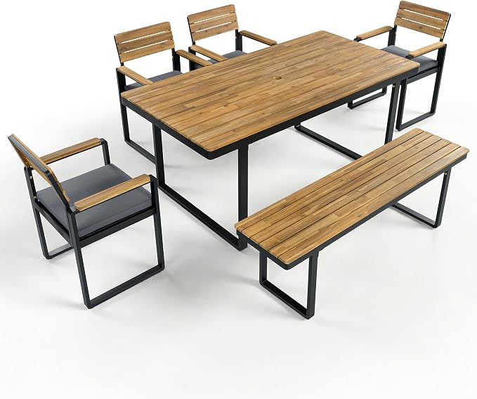 Quarte 6-Piece Outdoor Dining Set with 1 Acacia Wood Table and 4 Chairs & 1 Bench, Adjustable Feet for Patio, Garden, Backyard Family Meals BBQ Parties (Gray-AA)