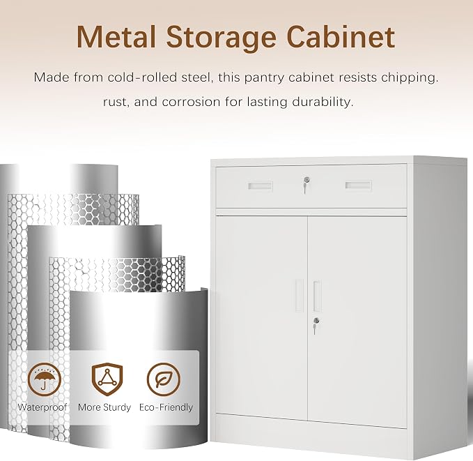 36" H Metal Cabinet, Garage Storage Cabinet, Locking Storage Cabinet, Metal Cabinets with Doors and Shelves for Home, School, Office, Garage, White