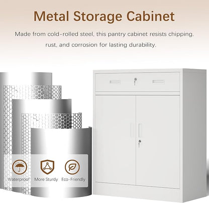 36" H Metal Cabinet, Garage Storage Cabinet, Locking Storage Cabinet, Metal Cabinets with Doors and Shelves for Home, School, Office, Garage, White