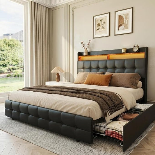 IDEALHOUSE Queen Size Upholstered Bed Frame Fabric with Storage Drawers and LED Lights, Headboard and Frame for Cozy Bedroom Sets Upgrades