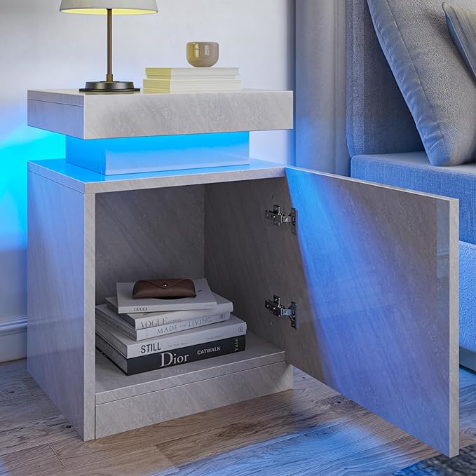 MXV Nightstand Set of 2 with LED Lights,Night Stand with Storage Cabinet for Bedroom,Bedside Table with LED (Grey, 24IN Tall)