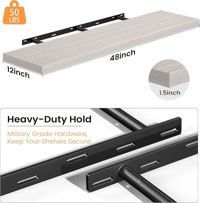Fun Memories Floating Shelves - 12 Inch Rustic Wooden Wall Shelves - Extra Deeper & Thicker Wall Mounted Storage Shelf for Living Room, Kitchen, Farmhouse - 48" W x 12" D x 1.8" H - Grey