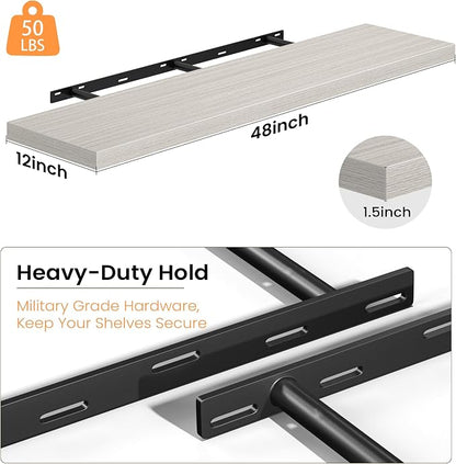 Fun Memories Floating Shelves - 12 Inch Rustic Wooden Wall Shelves - Extra Deeper & Thicker Wall Mounted Storage Shelf for Living Room, Kitchen, Farmhouse - 48" W x 12" D x 1.8" H - Grey
