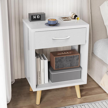 GYIIYUO 24" H Nightstands Set of 2 with Fabric Drawer, White | Open Wood Shelf, Side Table with Storage for Bedroom, Spacious 15.7"L x 11.8"W x 24"H Top Fits Lamp + Books, Stable Frame