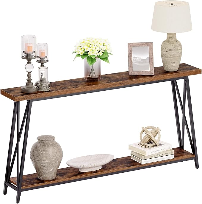 MAHANCRIS Console Table for Entryway, 63" Industrial Entryway Table, 2-Tier Extra Long Sofa Table Behind Couch, X-Shaped Support, for Entryway, Hallway, Living Room, Rustic Brown CTHR4801Z