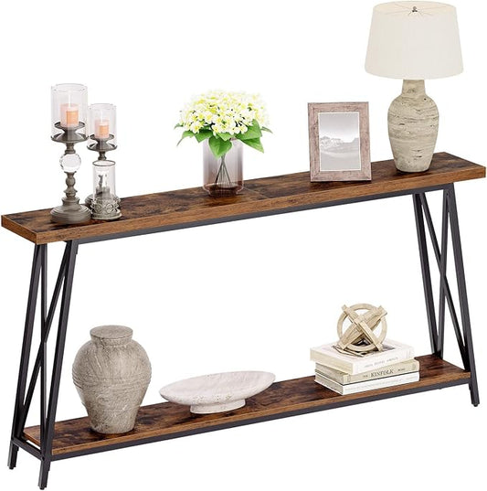 MAHANCRIS Console Table for Entryway, 63" Industrial Entryway Table, 2-Tier Extra Long Sofa Table Behind Couch, X-Shaped Support, for Entryway, Hallway, Living Room, Rustic Brown CTHR4801Z