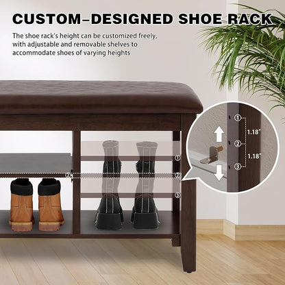 PY HOME & SPORTS Shoe Rack for Entryway 31.5": 2-Tier Shoe Storage Bench, Adjustable/Removable Shelves, Rubberwood Shoe Benches for Hallway, Porch, Bathroom, Brown