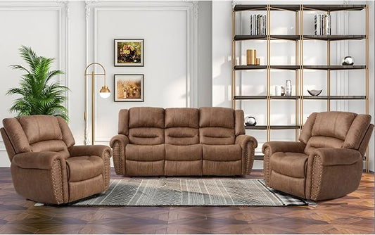 CANMOV Faux Leather Manual Recliner Sofa Set, 2 Recliner Chair and a 3-Seat Sofa for Living Room,Bedroom Furniture, Office,Nut Brown