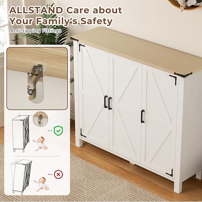 5-Tier Shoe Storage Cabinet, Farmhouse Shoe Rack Organizer Cabinet with 4 Adjustable Shelves & Side Cabinets, Freestanding Shoe Cabinet Storage with Anti-tip Fitting for Entryway, 47.3L×13.7W×40.7H