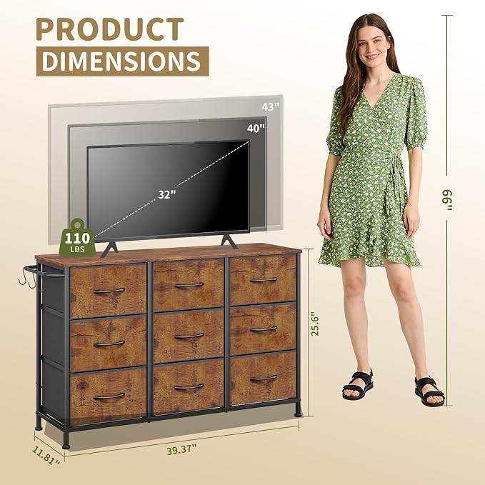 Dresser for Bedroom, Small Fabric Dressers for Kids Bedroom, 9 Drawers Dresser for Closet, Storage Organizer Chest of Drawers for Nursery, Dorm, Apartment, TV Stand, Wood Top, Side Hook (Rustic Brown)