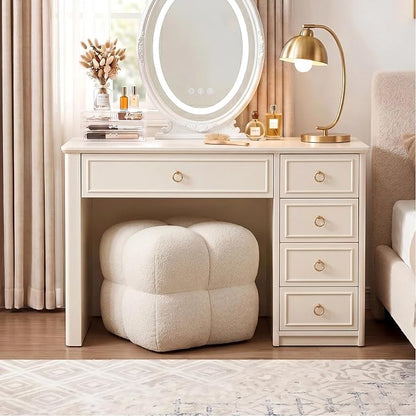 Zesthouse Square Pouf Ottoman, Modern Vanity Chair Backless for Bedroom, Beige Linen Stool Seat Foot Rest, Upholstered Poofy Footstool for Couch, Fabric Ottoman Coffee Table for Living Room