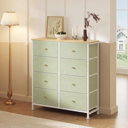 Sweetcrispy 8 Drawer Dresser for Bedroom Tall, Organizer Storage Drawers | Fabric Storage Tower, Chest of Drawers with Steel Frame, Wood Top for Living Room, Closet, Light Green